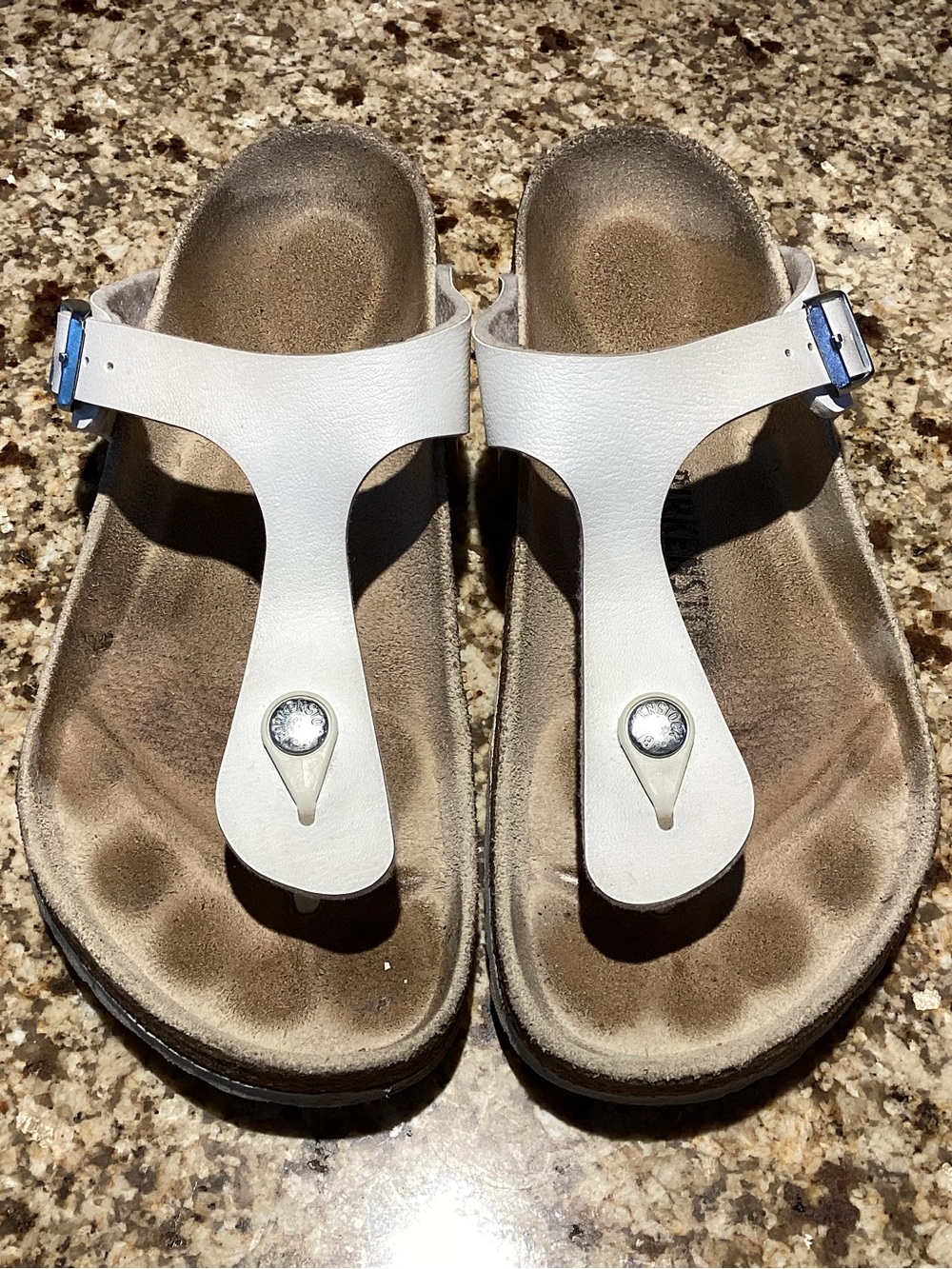 Birkenstock White T-Strap Sandals with Silver Accents